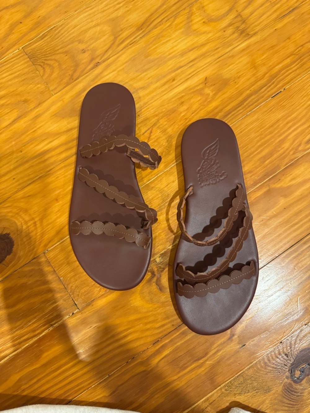 Ancient Greek Sandals Brown Scalloped Triple-Strap Slide Sandals